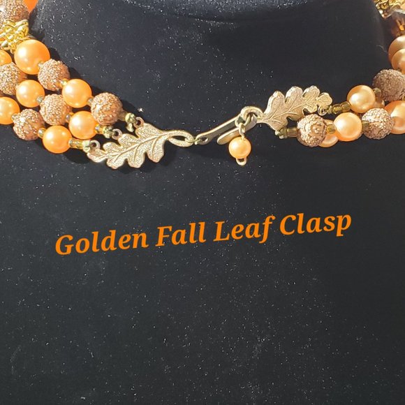Three Layered Strand Beaded Fall Colors Golden Leaf Clasp Necklace - Picture 3 of 5